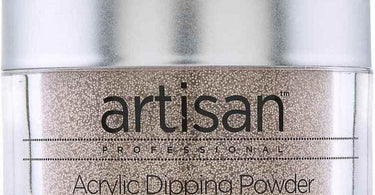 Artisan Instant Dry Dipping Powder jar in Midnight Champagne, a sparkling rose gold color, next to a finished, elegant nail manicure.