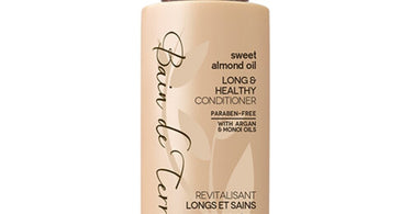Bain De Terre Sweet Almond Oil Long and Healthy Conditioner 1.7 oz displayed prominently showcasing the professional salon quality hair care product from Pure Spa Direct