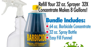 Barbicide Virucide Surface Cleaner and Disinfectant Sprayer Bundle - 64 oz Concentrate, 32 oz Spray Bottle, and Easy Fill Funnel