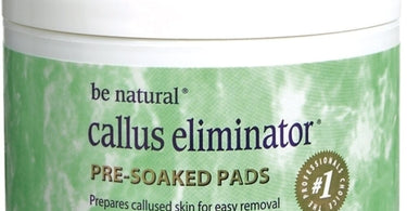 Be Natural Callus Eliminator Pre-Soaked Pads 200 Count Jar open with pads visible, on a spa towel with pedicure tools