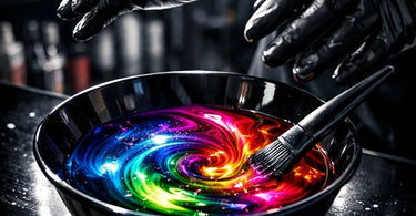 Close-up of a stylist's hands meticulously mixing hair color cream and developer in a professional plastic mixing bowl.