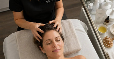 Woman receiving a relaxing scalp massage with essential oils during a body treatment at a spa, highlighting the new service touchpoint.