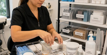 Stocked shelves of professional spa supplies including waxes, massage oils, and skincare products at Pure Spa Direct