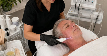 Esthetician using a high frequency machine on a client's leg after a waxing service to reduce redness and prevent ingrown hairs