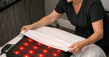 Graphic showing benefits of infrared heat pads for spa winter protocols including warmth, client comfort, and increased revenue for salons and massage therapists.