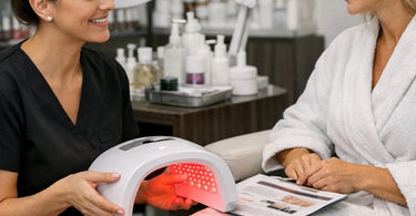 LED light therapy pedicure service showing glowing feet under a salon lamp at Pure Spa Direct