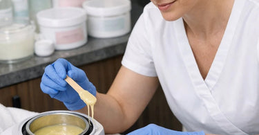 A professional esthetician applying low-melting point wax gently to a client's sensitive skin area in a spa treatment room at Pure Spa Direct