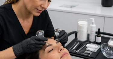 A collage of cooling accessories including a stainless steel brow roller, a chilled towel, and a soothing serum, showcasing benefits of offering a brow finish with cooling accessories at a spa.