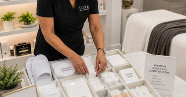An aesthetic display of premium single-use comfort items for a spa or salon, including plush slippers and soft linens, emphasizing luxury and hygiene.