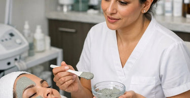 Bentonite clay powder and professional facial mask mixing bowl on spa treatment table
