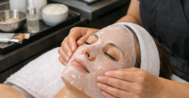 A professional applying a translucent bio-cellulose mask to a client for intensive hydration in a luxury spa setting