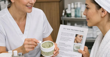 Close up of a professional bio-sulfur mask being applied to oily skin on a spa facial bed at Pure Spa Direct