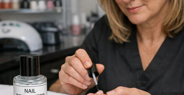 Nail dehydrator bottle and brush next to acrylic nail supplies on a salon table