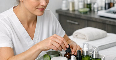 A professional aesthetician applying a green tea extract cream to a client's face during a soothing spa facial treatment.
