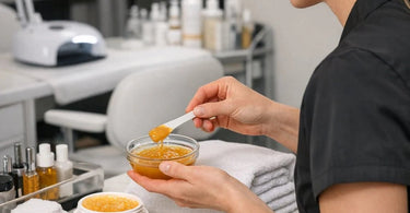 Close up of a professional honey mask being applied to a client's face with a wooden spatula in a spa setting.