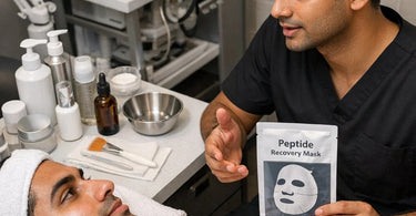 A woman applying a cooling peptide mask for post-treatment facial recovery in a spa setting, highlighting skin repair and hydration benefits for estheticians.