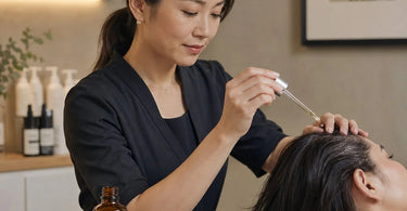 Image promoting the benefits of using rosemary oil in professional hair treatments, showing hair and rosemary oil.