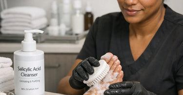 Professional pedicure treatment using salicylic acid cleanser on client feet in a spa setting
