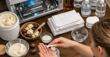 A jar of creamy shea butter massage base with a wooden scoop on a spa table with white towels for professional massage therapy.