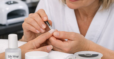 Close up of a professional nail technician applying a silk wrap to a natural nail for repair and strengthening