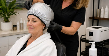 Woman with blonde hair relaxing in salon spa wearing a professional thermal deep conditioning cap