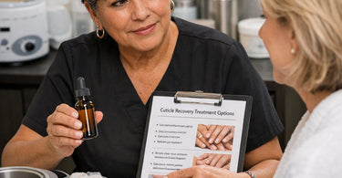 Close up of a professional nail technician applying Vitamin E cuticle oil with a dropper to a client's nails in a spa setting.