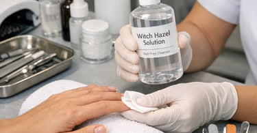 Witch hazel nail prep being applied to oily nail plates with a lint-free wipe in a professional salon setting