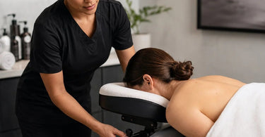 Close-up image showing an adjustable face cradle on a massage table, highlighting its padded design and adjustment mechanism for optimal client comfort in a spa setting.