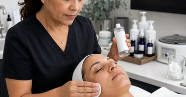 Spa professional applying alcohol free toner with cotton pad to client lying on facial bed, highlighting gentle skincare and hydration benefits