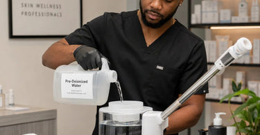 Close-up of a professional facial steamer with a bottle of pre-deionized water, highlighting the importance of using mineral-free water for optimum performance and skin health.