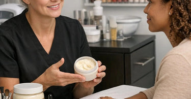 Luxurious shea butter blend in a bowl with a wooden spatula, surrounded by dried shea nuts and a soft white towel on a spa table.