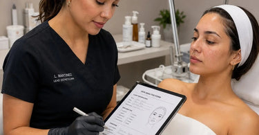 Benefits of Using Skin Analysis Forms Before Advanced Treatments - A professional esthetician analyzing a client's skin before an advanced treatment.