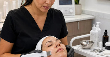A professional performing a deep pore cleansing facial treatment on a client using an Ultrasonic Skin Scraper spatula.