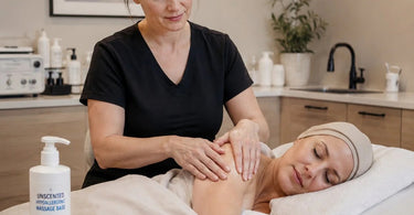 Bottles of unscented hypoallergenic massage lotion and gel displayed on a wooden table with white linens, symbolizing safe and gentle oncology massage treatments.