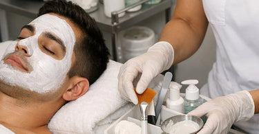 Zinc oxide mask applied to a client's face for post-waxing and facial treatment calming in a professional spa setting
