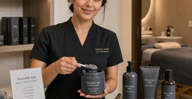 A professional spa therapist applying a volcanic ash mud mask to a client's back during a luxurious back treatment