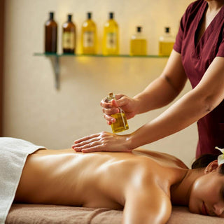 Assorted bottles of massage oils on a spa table