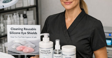 Clean reusable silicone eye shields on a white towel with gentle soap and soft brush for salon hygiene