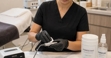 A nail technician cleaning an electric nail drill bit with a brush to maintain hygiene and sanitation in the salon.