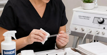 Professional sanitizing high-frequency glass electrodes with Barbicide disinfectant solution.