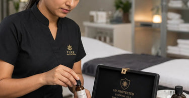 Best practices for storing highly volatile essential oils featuring amber glass bottles, a mini fridge, and labeled containers in a professional spa setting
