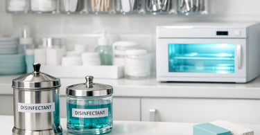 Organized professional salon tools including shears, brushes, and metal implements neatly stored in a clean, sanitized drawer with dividers, highlighting best practices for preventing contamination and extending tool life.