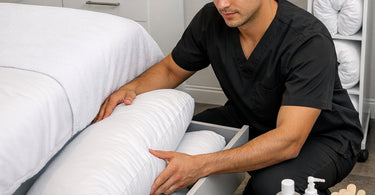 Storage solutions for bulky body pillows in a small spa treatment room showing organized bolsters and space saving techniques