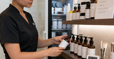 Professional spa backbar shelf with botanical skincare products, towels, and treatment supplies organized for optimal storage temperature.