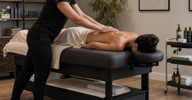 A therapist working on a client during a Lomi Lomi massage, with the massage table at the optimal height for body mechanics