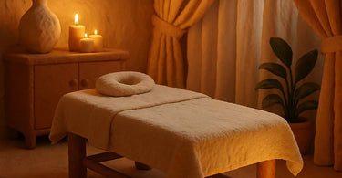 A serene and professional waxing treatment room setup, focusing on the client's comfort and the therapist's organized tools.
