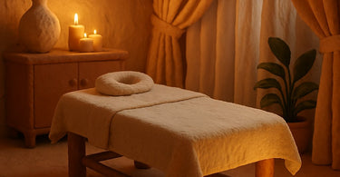 A serene and professional waxing treatment room setup, focusing on the client's comfort and the therapist's organized tools.