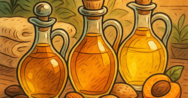 Jojoba, Almond, and Apricot Kernel carrier oils displayed in dropper bottles against a spa background