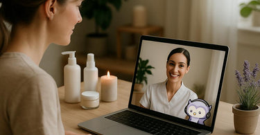 Spa professional conducting a virtual consultation with a client on a laptop