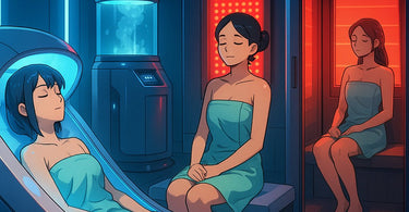 A modern spa treatment room featuring cryotherapy and red light therapy equipment for biohacking wellness services.